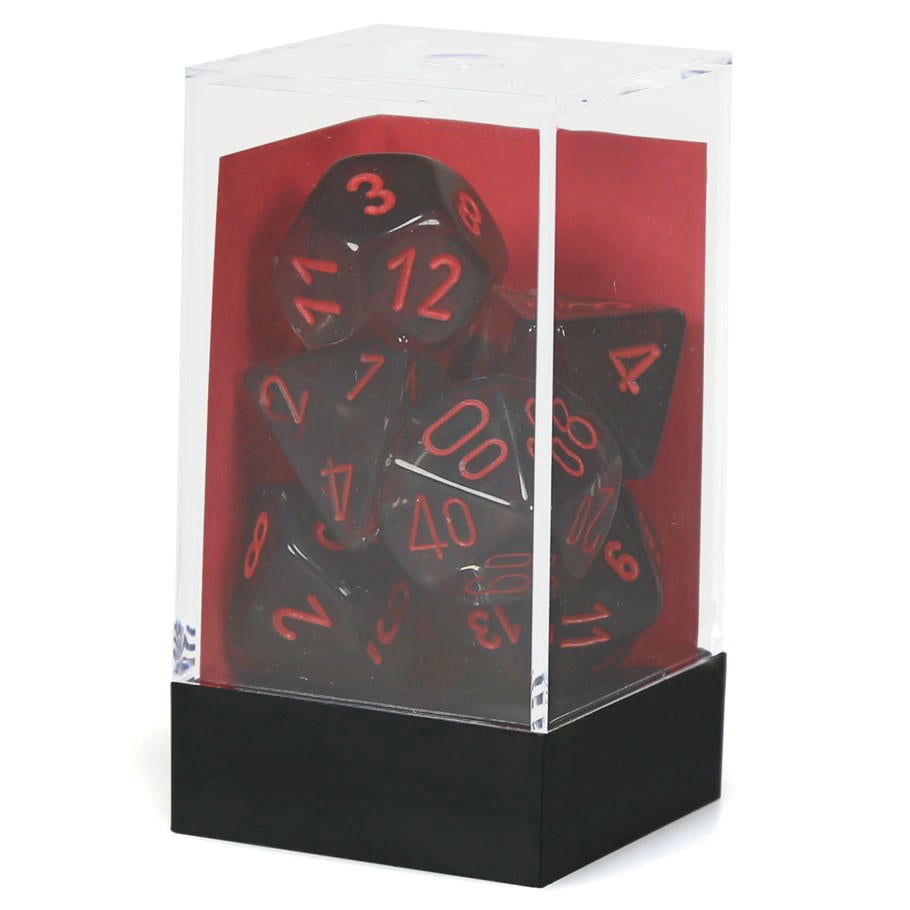 Image of Chessex Translucent Smoke Dice w/Red Markings 7-Dice Set (D20/12/10/%/8/6/4) 