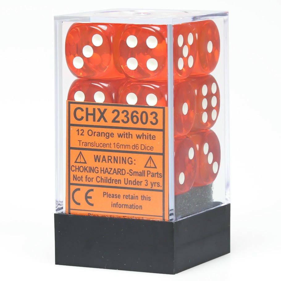Image of Chessex Translucent Orange d6 Dice w/White Markings 12-Dice Set (16mm) CHX23603