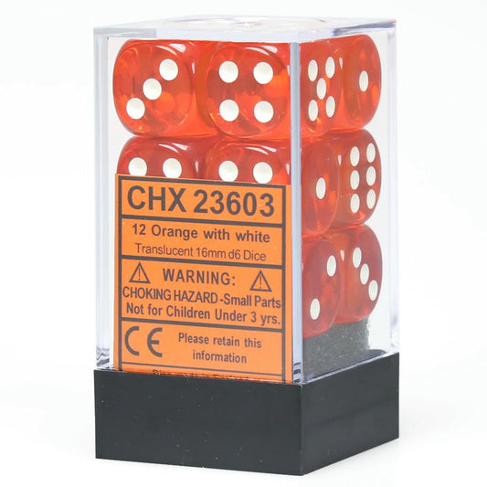 Image of Chessex Translucent Orange d6 Dice w/White Markings 12-Dice Set (16mm) CHX23603