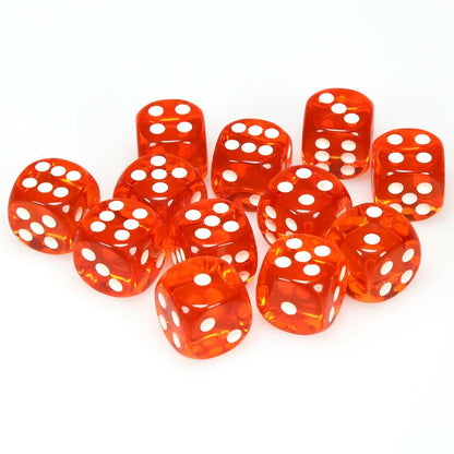 Image of Chessex Translucent Orange d6 Dice w/White Markings 12-Dice Set (16mm) CHX23603