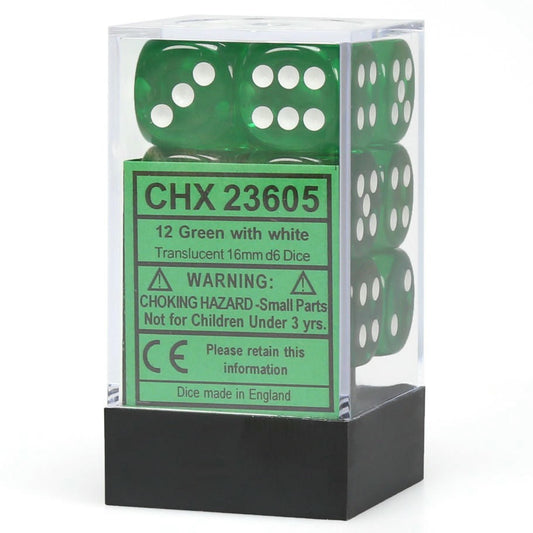 Image of Translucent Green/White Translucent Polyhedral 16mm D6 Dice Set 23605 Chessex