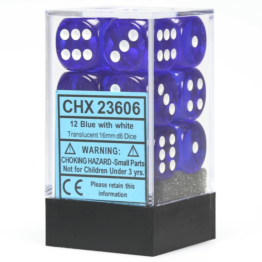 Image of Chessex Translucent Blue d6 Dice w/White Markings 12-Dice Set (16mm) CHX23606