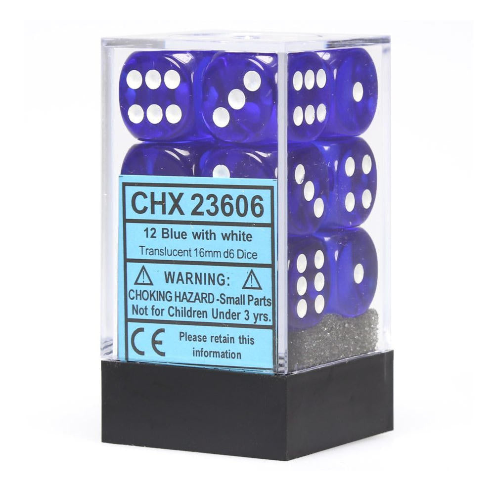 Chessex Translucent Blue d6 Dice w/White Markings 12-Dice Set (16mm) CHX23606