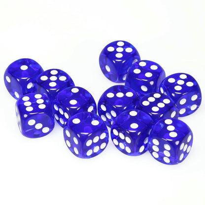 Image of Chessex Translucent Blue d6 Dice w/White Markings 12-Dice Set (16mm) CHX23606