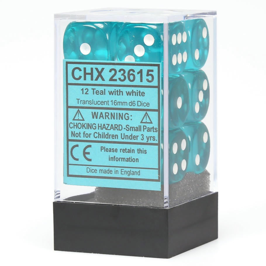 Image of Chessex Translucent Teal d6 Dice w/White Markings 12-Dice Set (16mm) CHX23615