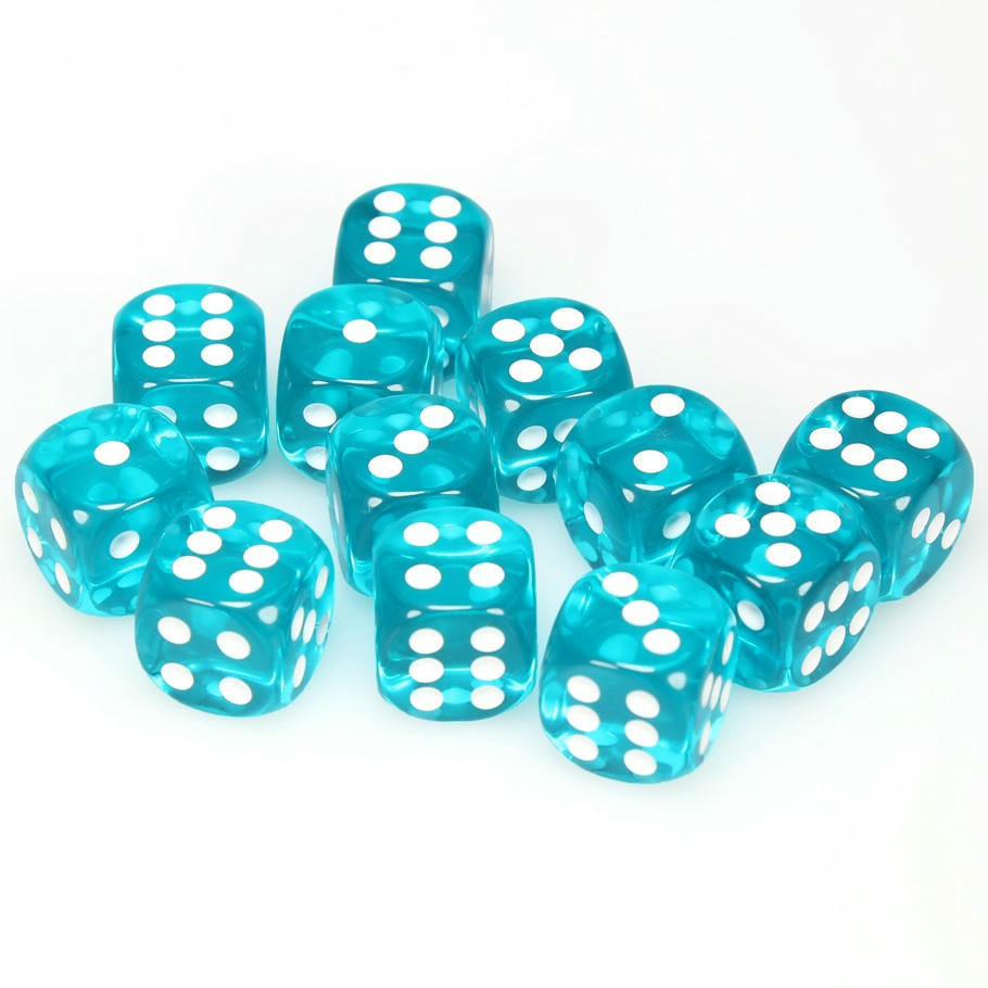 Image of Chessex Translucent Teal d6 Dice w/White Markings 12-Dice Set (16mm) CHX23615