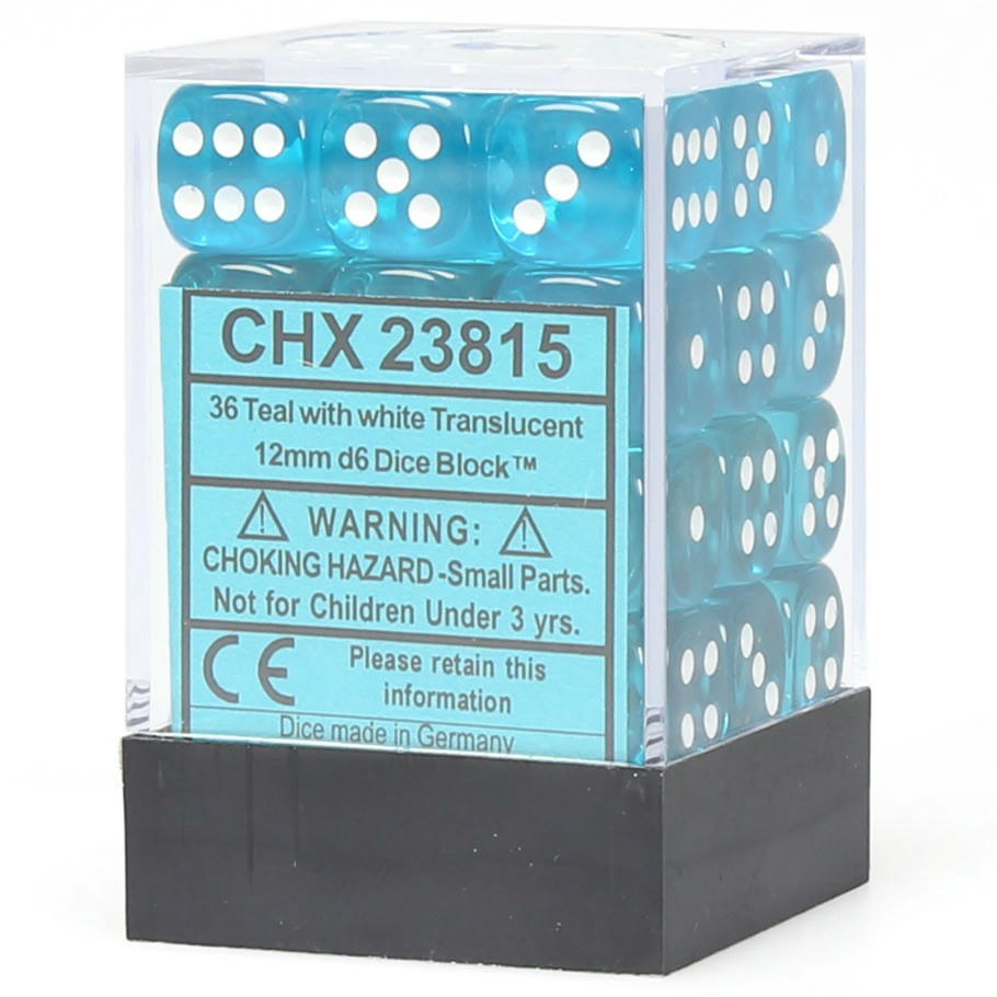 Image of Chessex Translucent Teal/White 12mm D6 (36) Dice Set CHX23815