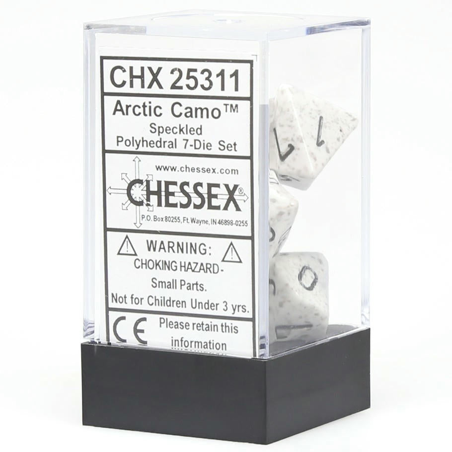 Image of Chessex Arctic Camo Speckled Dice w/Black Markings 7-Dice Set D20/12/10/%/8/6/4
