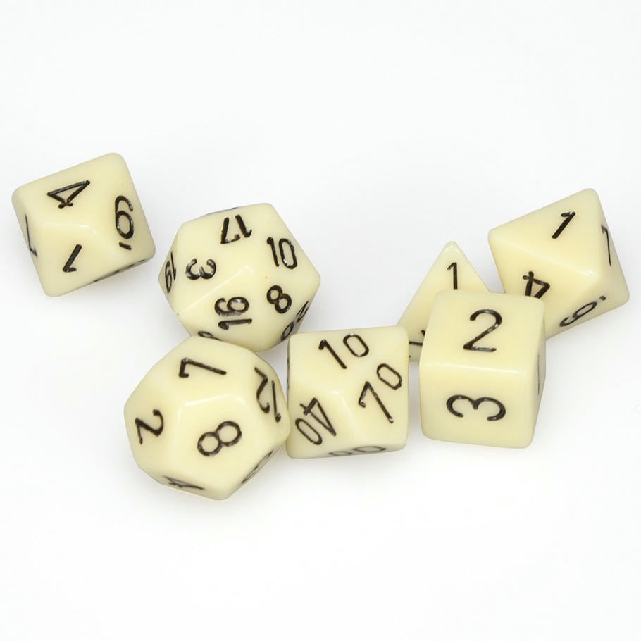 Image of Chessex Ivory/Black Opaque Dice 7-Dice Set (D20/12/10/%/8/6/4) CHX25400