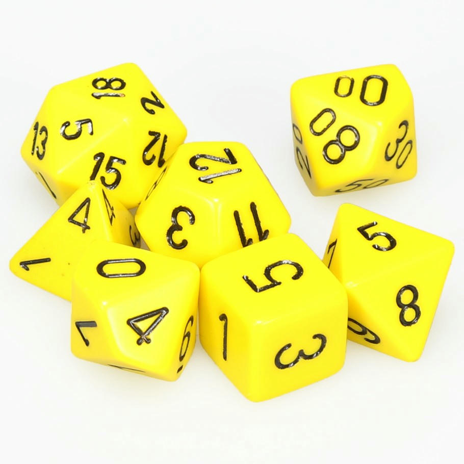 Image of Chessex Yellow/Black Opaque Dice 7-Dice Set (D20/12/10/%/8/6/4) 25402
