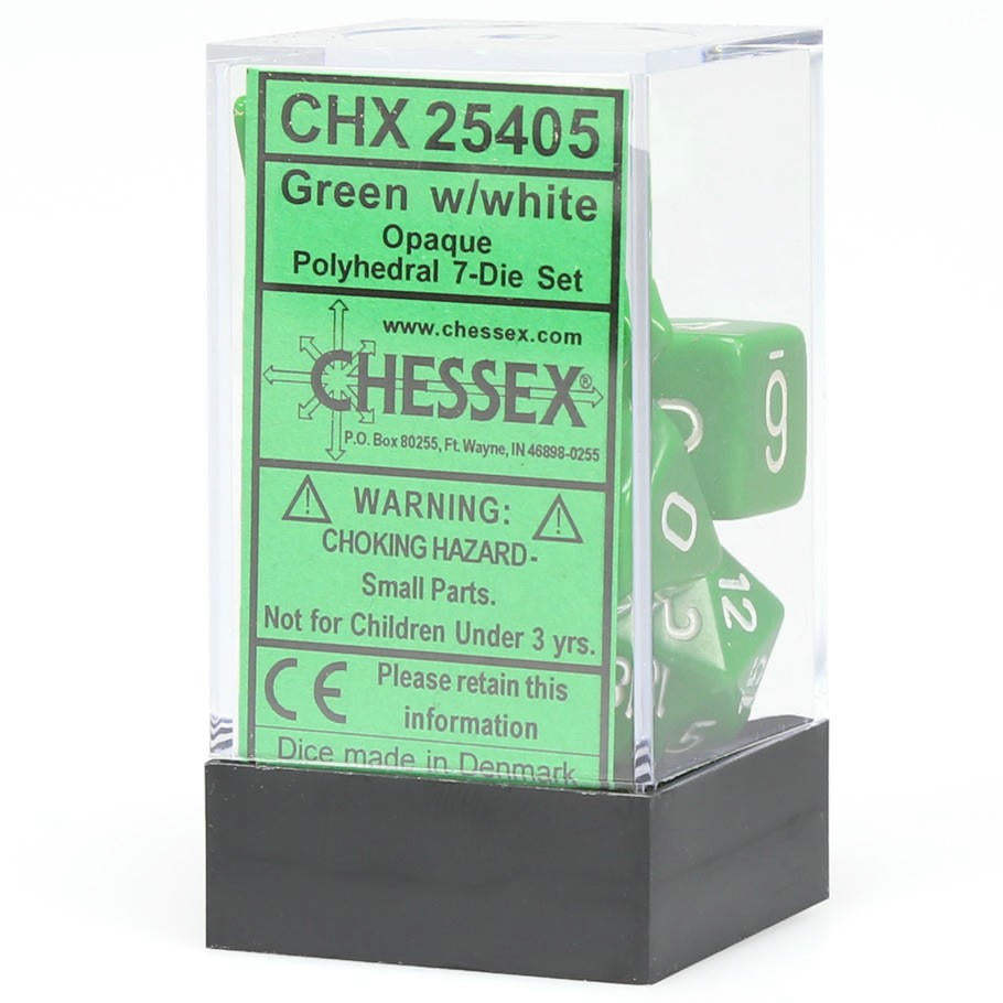 Image of Chessex Green/White Opaque Dice 7-Dice Set (D20/12/10/%/8/6/4) CHX25405