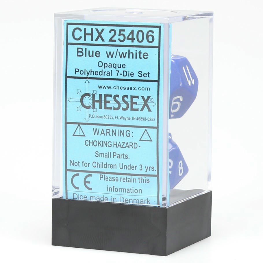 Image of Chessex Blue/White Opaque Dice 7-Dice Set (D20/12/10/%/8/6/4) CHX25406