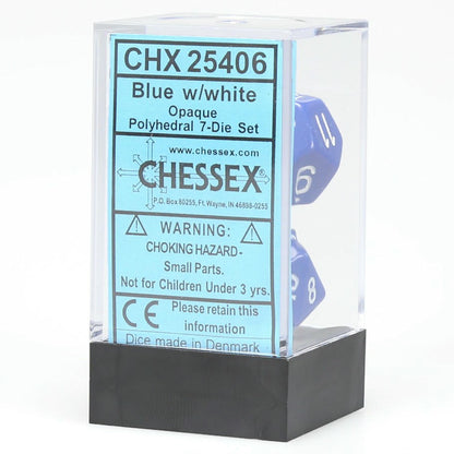 Image of Chessex Blue/White Opaque Dice 7-Dice Set (D20/12/10/%/8/6/4) CHX25406