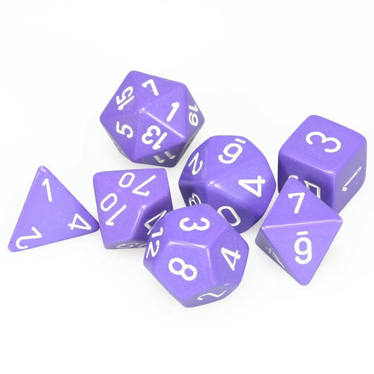 Image of Chessex Purple/White Opaque Dice 7-Dice Set (D20/12/10/%/8/6/4) CHX25407