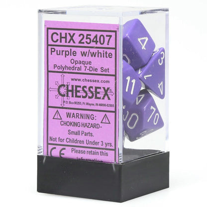 Image of Chessex Purple/White Opaque Dice 7-Dice Set (D20/12/10/%/8/6/4) CHX25407