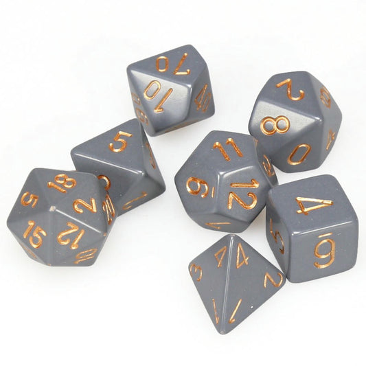 Image of Chessex Dark Grey/Copper Opaque Dice 7-Dice Set (D20/12/10/%/8/6/4) CHX25420