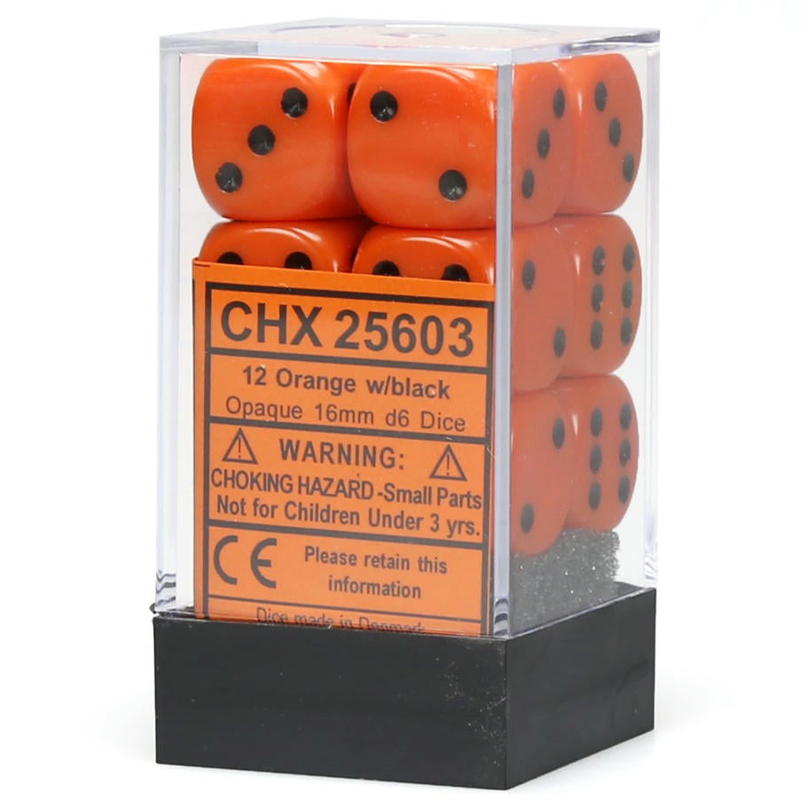 Image of Chessex Opaque Orange/Black 16mm d6 (12) Dice Set CHX25603