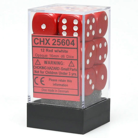 Image of Chessex Opaque Red/White 16mm d6 (12) Dice Set CHX25604