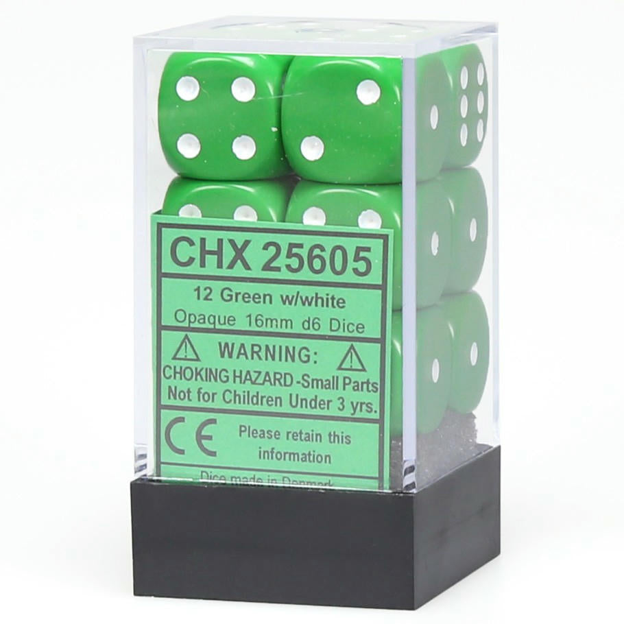 Image of Chessex Opaque Green/White 16mm d6 (12) Dice Set CHX25605