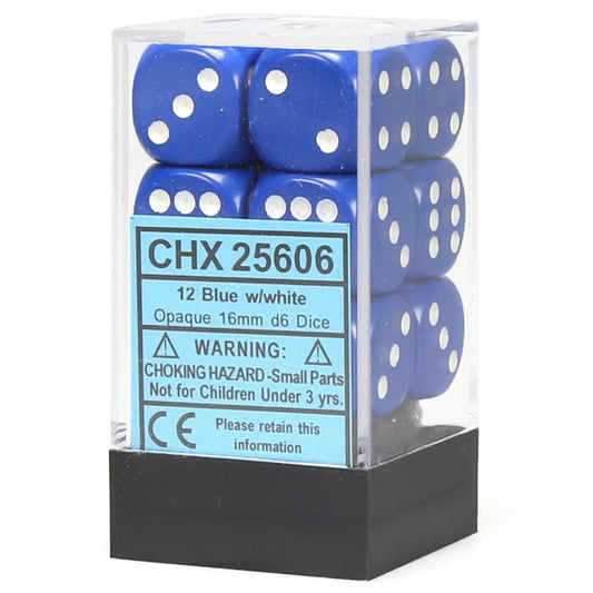 Image of Chessex Opaque Blue/White 16mm d6 (12) Dice Set CHX25606