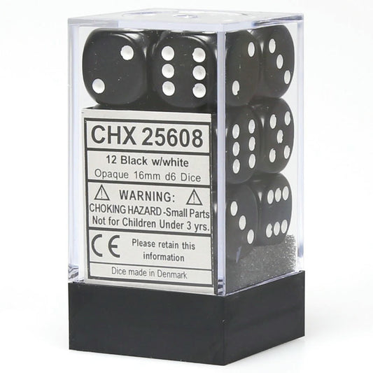 Image of Chessex Opaque Black/White 16mm d6 (12) Dice Set CHX25608