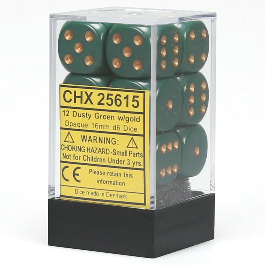 Image of Chessex Opaque Dusty Green/Gold 16mm d6 (12) Dice Set CHX25615