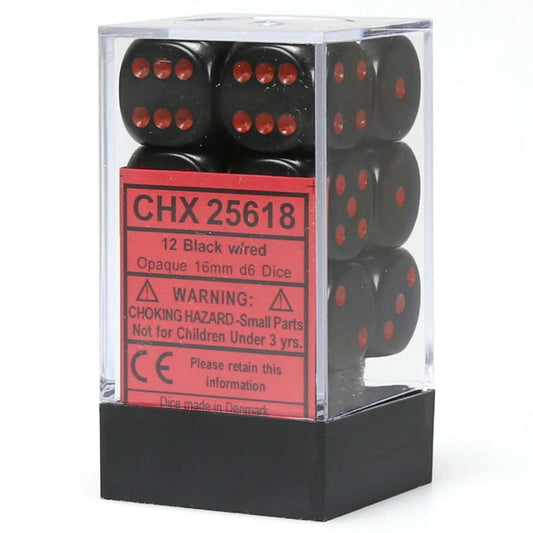 Image of Chessex Opaque Black/Red 16mm d6 (12) Dice Set CHX25618