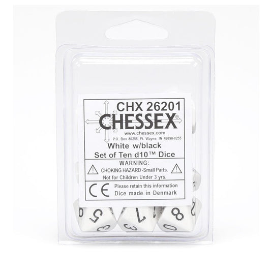 Chessex Opaque White/Black Set of Ten d10 Dice CHX26201