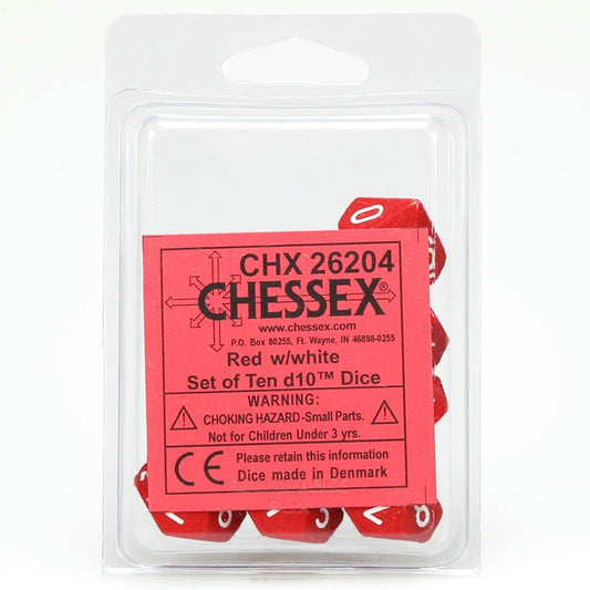 Image of Chessex Opaque Red/White Set of Ten d10 Dice CHX26204