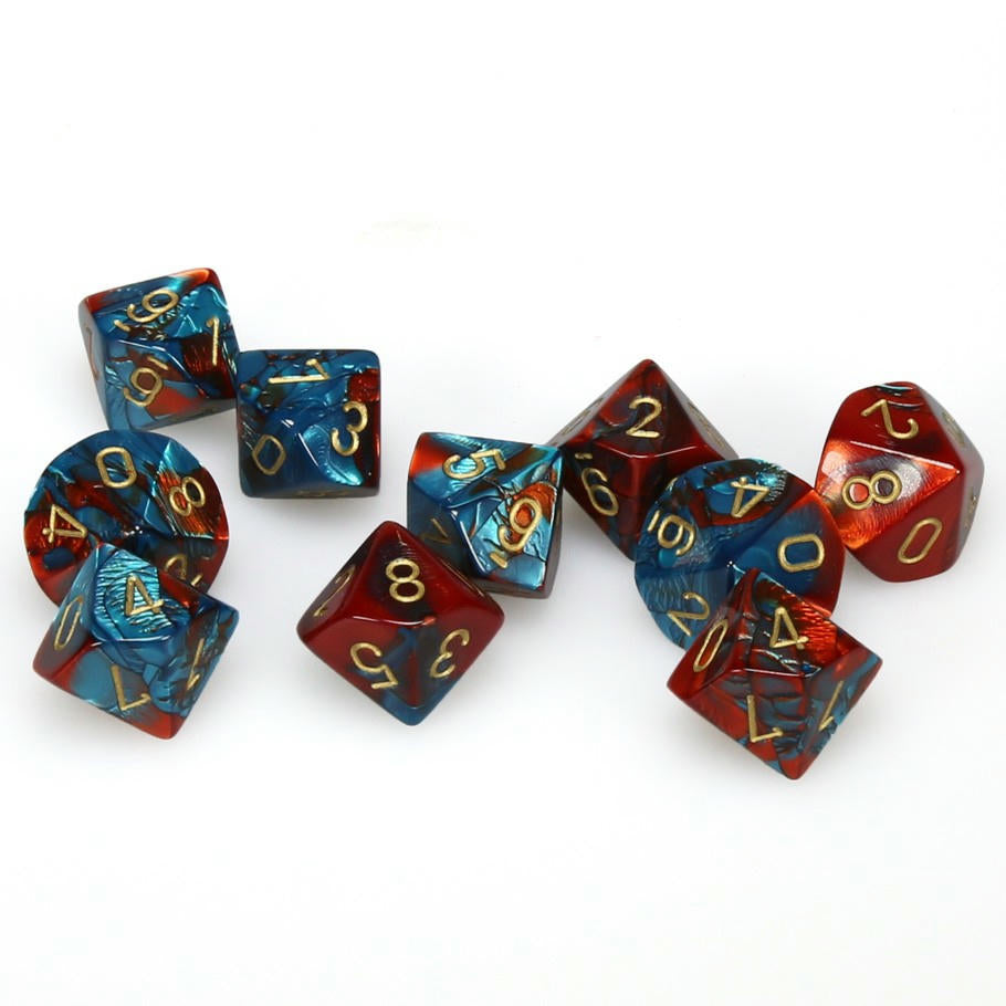 Image of Chessex Gemini Red-Teal/Gold d10 Dice (10pcs) w/Gold Markings CHX26262