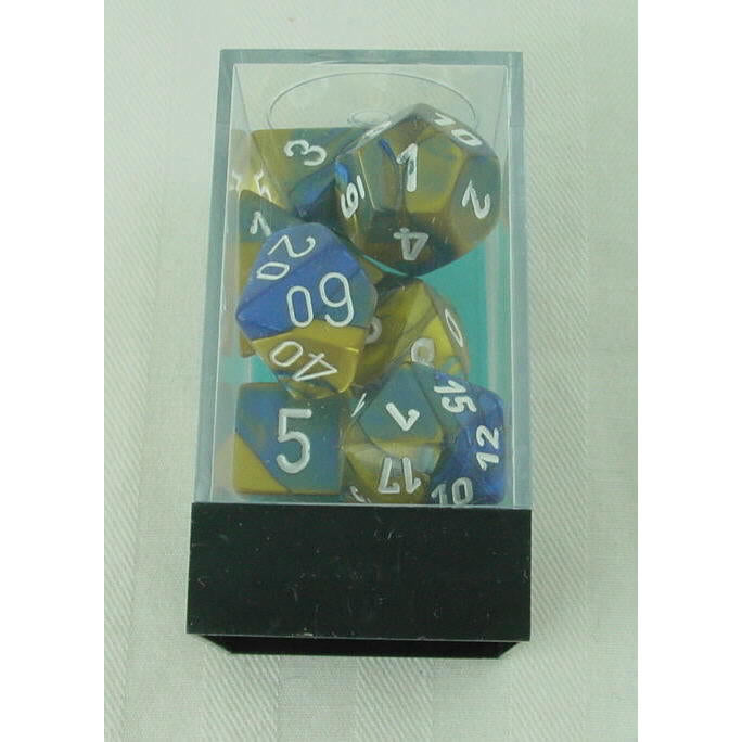 Image of Chessex Gemini Blue-Gold Dice w/white Markings 7-Dice Set D20/12/10/%/8/6/4
