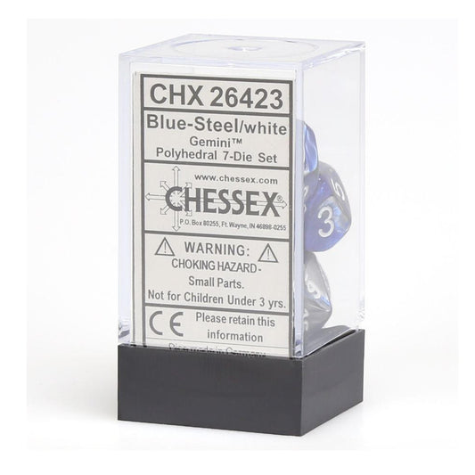 Chessex Gemini Blue/Steel Dice w/White Markings 7-Dice Set D20/12/10/%/8/6/4
