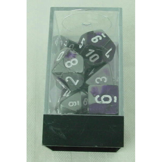 Image of Chessex Gemini Purple/Steel Dice w/White Markings 7-Dice Set D20/12/10/%/8/6/4
