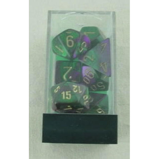 Image of Chessex Gemini Green/Purple Dice w/Gold Markings 7-Dice Set (D20/12/10/%/8/6/4) 