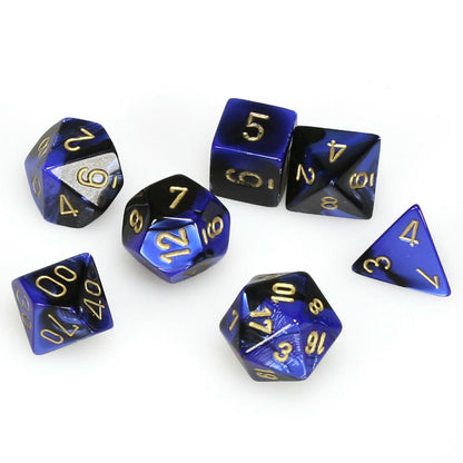 Image of Chessex Gemini Blue/Black Dice w/Gold Markings 7-Dice Set D20/12/10/%/8/6/4