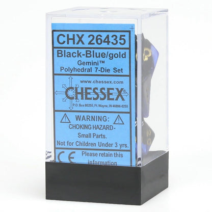Image of Chessex Gemini Blue/Black Dice w/Gold Markings 7-Dice Set D20/12/10/%/8/6/4