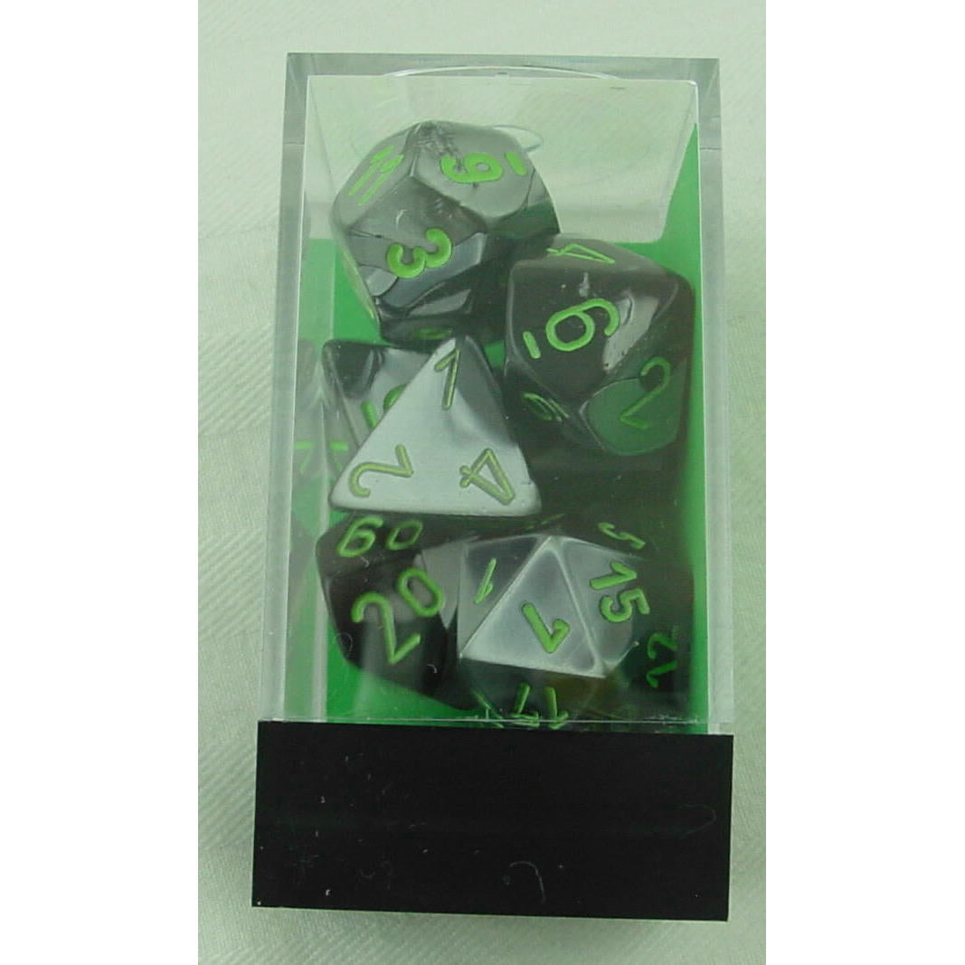 Image of Chessex Gemini Black/Grey Dice w/Green Markings 7-Dice Set D20/12/10/%/8/6/4