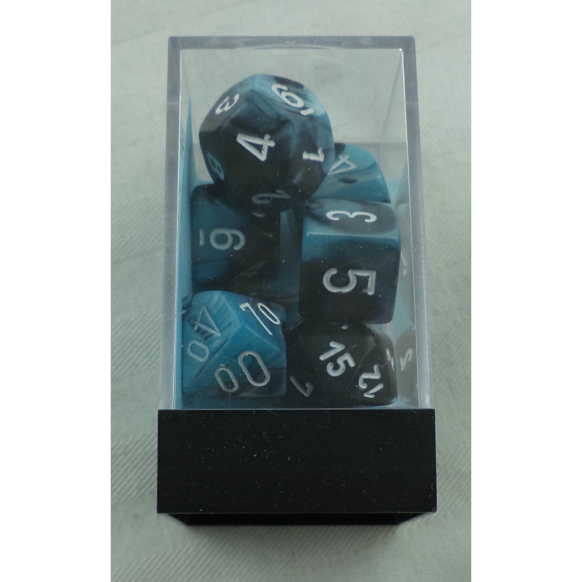 Image of Chessex Gemini Black/Shell Dice w/White Markings 7-Dice Set D20/12/10/%/8/6/4