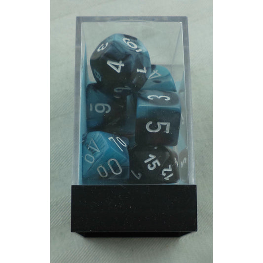 Image of Chessex Gemini Black/Shell Dice w/White Markings 7-Dice Set D20/12/10/%/8/6/4