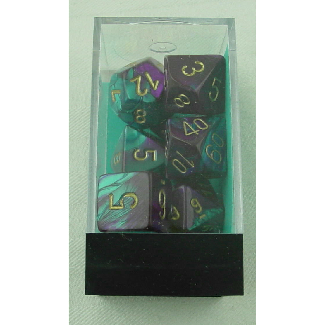 Image of Chessex Gemini Purple/Teal Dice w/Gold Markings 7-Dice Set D20/12/10/%/8/6/4