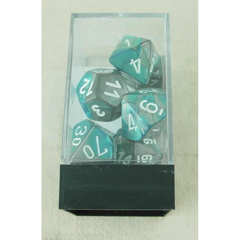 Image of Chessex Gemini Steel-Teal Dice w/white Markings 7-Dice Set D20/12/10/%/8/6/4