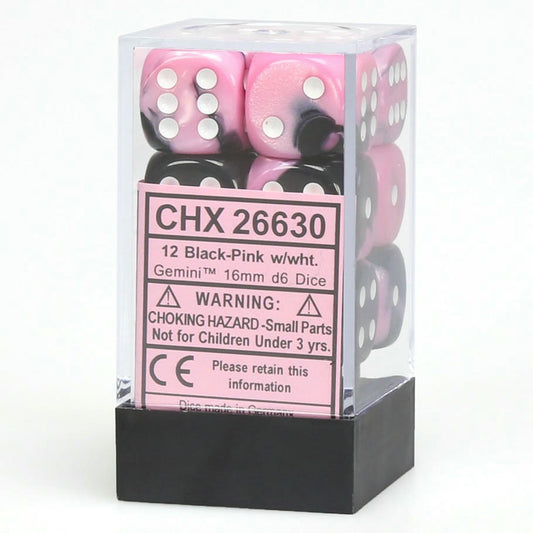 Image of Chessex Gemini Pink/Black d6 Dice w/White Markings 12-Dice Set (16mm) CHX26630