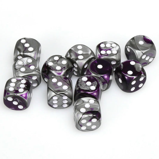 Image of Chessex Gemini Purple/Steel d6 Dice w/White Markings 12-Dice Set (16mm) CHX26632