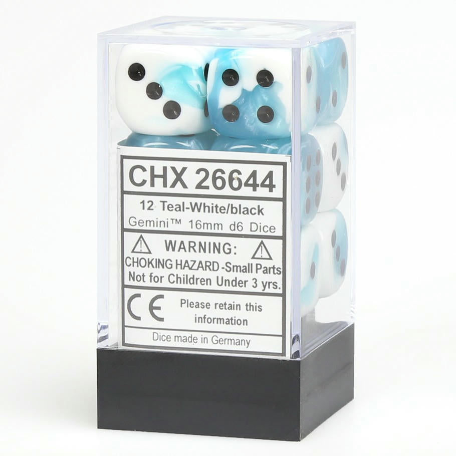 Image of Chessex Gemini Teal/White d6 Dice w/Black Markings 12-Dice Set (16mm) CHX26644