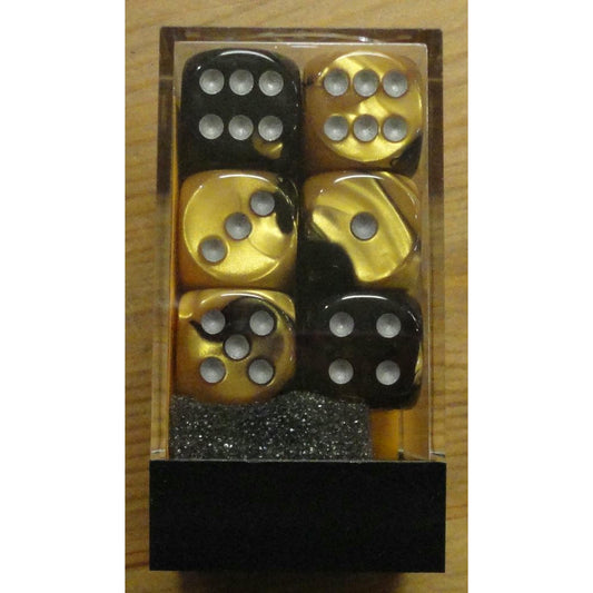 Image of Chessex Gemini Gold/Black d6 Dice w/Silver Markings 12-Dice Set (16mm) CHX26651