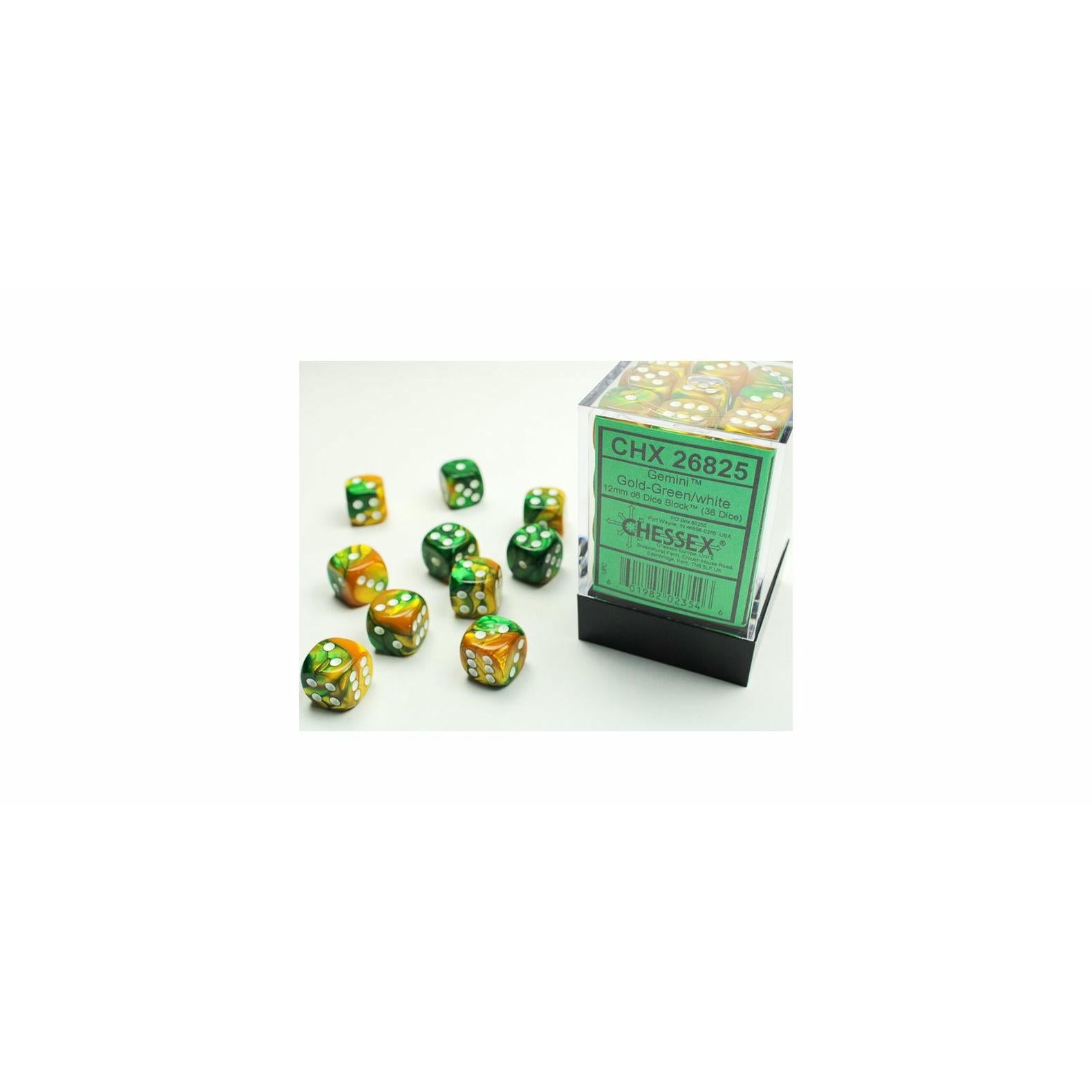 Image of Chessex Gemini 3: 12mm D6 Gold-Green w/White (36) Dice Block CHX26825