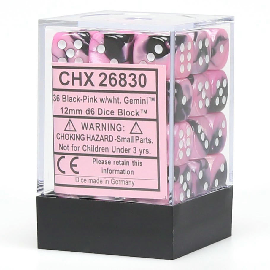 Image of Chessex Gemini 3: 12mm D6 Black/Pink w/White (36) Dice Block CHX26830