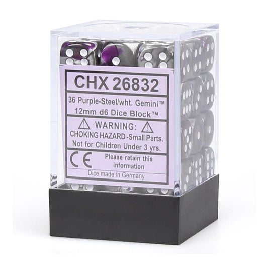Chessex Gemini 3: 12mm D6 Purple/Steel w/White (36) Dice Block CHX26832