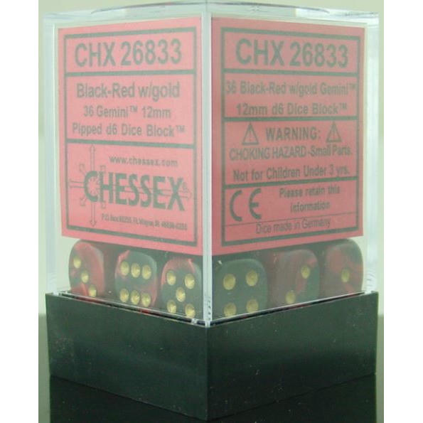 Image of Chessex Gemini 3: 12mm D6 Black Red Gold/Black (36) Dice Block CHX26833