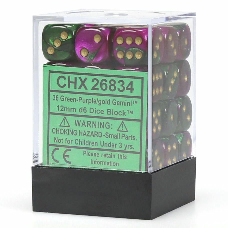 Image of Chessex Gemini 3: 12mm D6 Green-Purple w/Gold (36) Dice Block CHX26834